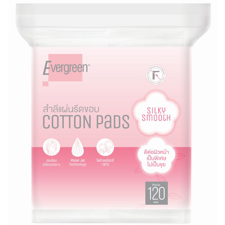 Evergreen Cotton Pad Silky Smooth 120แผ่น/แพ็ค สำลีแผ่นรีดขอบ ทอด้วยเทคโนโลยี water jet ทำให้เส้นใยสำลีแน่นเป็นพิเศษ ไม่ยุ่ย ไม่เป็นขุย ไม่บาดหน้า